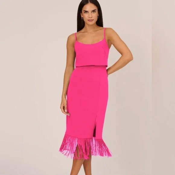 strapless open back dress SHINE MY WAY BANDAGE MIDI DRESS WITH RHINESTONE FRINGE PINK  AKIRA